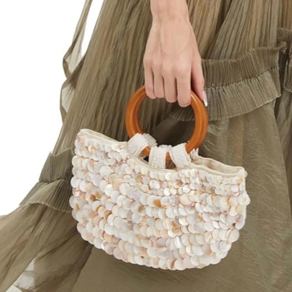 Beaded Shell Accent Wristlet Handbag with Wood Handle - Cream